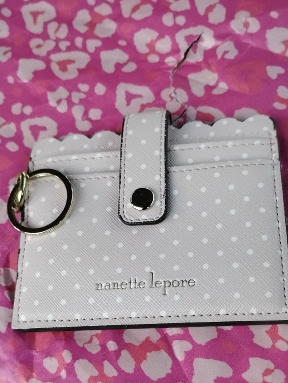 Nanette Lepore White Polka Dot Card Holder Keyring Wallet